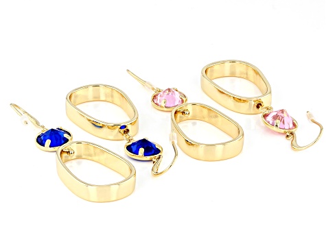 Rose & Sapphire Color Crystal Gold Tone Set of 2 Earrings