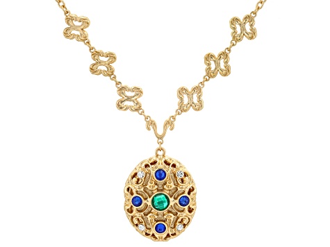 Multi-Color Crystal Gold Tone Locket Necklace