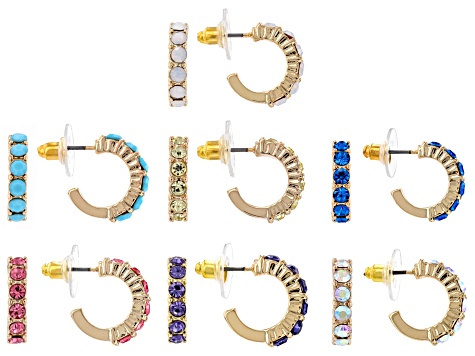 Multi-Color Crystal Gold Tone Set of 7 Huggie Earrings