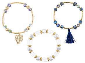 Multi-Color Crystal & White Pearl Simulant Gold Tone Set of 3 Stretch Bracelets