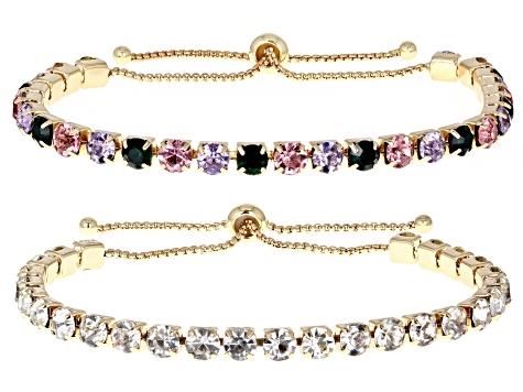 Multi-Color & Pink Crystal Gold Tone Set of 2 Bolo Bracelets