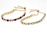 Multi-Color & Pink Crystal Gold Tone Set of 2 Bolo Bracelets