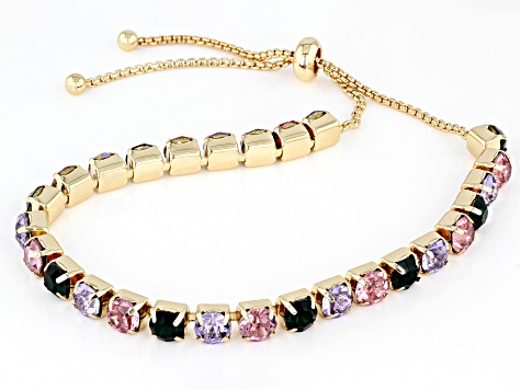 Multi-Color & Pink Crystal Gold Tone Set of 2 Bolo Bracelets