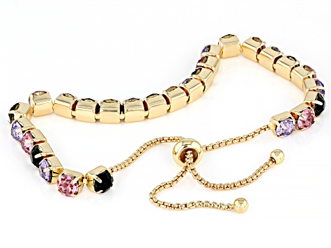 Multi-Color & Pink Crystal Gold Tone Set of 2 Bolo Bracelets