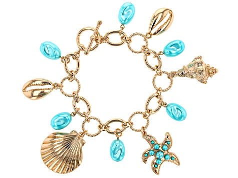 Pearl Simulant Gold Tone Sea Life Charm Bracelet