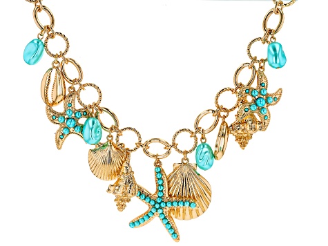 Pearl Simulant Gold Tone Sea Life Charm Necklace