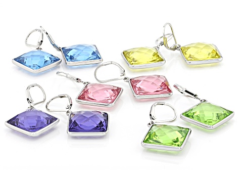 Multi-Color Pastel Crystal Silver Tone Set of 5 Earrings