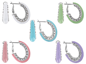 Picture of Crystal & Multi-Color Enamel Silver Tone Set of 5 Hoop Earrings