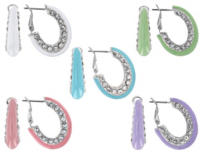 Crystal & Multi-Color Enamel Silver Tone Set of 5 Hoop Earrings