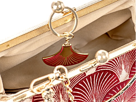Red Cloth With Gold Tone Art Deco Clutch With Matching Key Chain