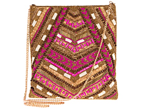 Pink Seedbead Handbag With Gold Tone Strap
