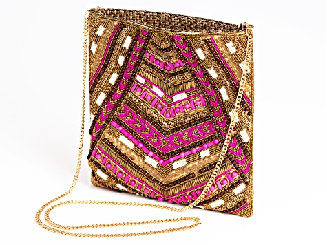 Pink Seedbead Handbag With Gold Tone Strap