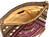 Pink Seedbead Handbag With Gold Tone Strap