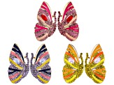 Set of 3 Crystal & Epoxy Gold Tone Butterfly Earrings