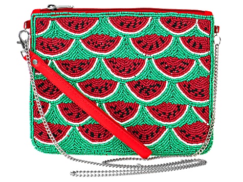 Green & Red Beaded Silver Tone Watermelon Clutch