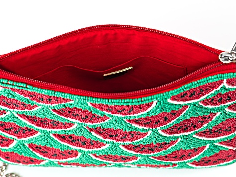 Green & Red Beaded Silver Tone Watermelon Clutch