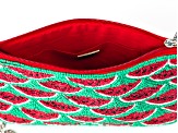 Green & Red Beaded Silver Tone Watermelon Clutch