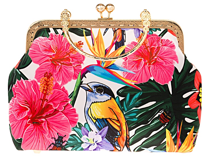 Multi-Color Floral & Bird Gold Tone Fabric Clutch - OPC1458