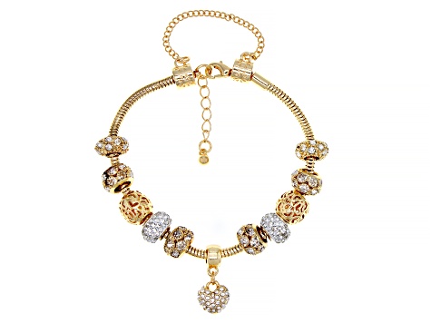 White Crystal Gold Tone Heart Charm Bracelet