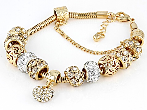 White Crystal Gold Tone Heart Charm Bracelet