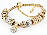 White Crystal Gold Tone Heart Charm Bracelet