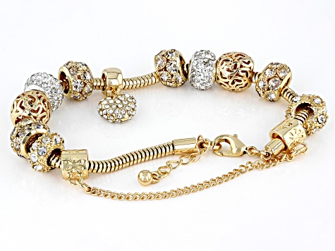 White Crystal Gold Tone Heart Charm Bracelet