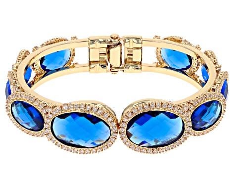 Blue Sapphire Color Glass & Cubic Zirconia Brass Cuff Bracelet