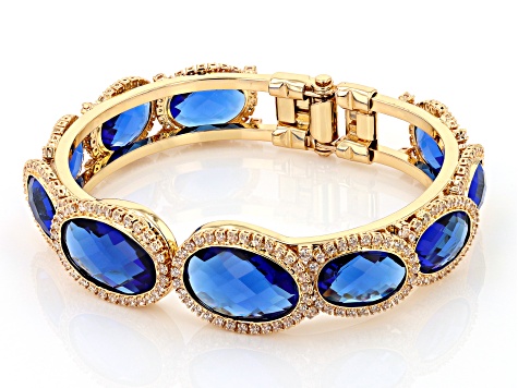 Blue Sapphire Color Glass & Cubic Zirconia Brass Cuff Bracelet