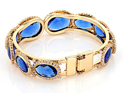 Blue Sapphire Color Glass & Cubic Zirconia Brass Cuff Bracelet