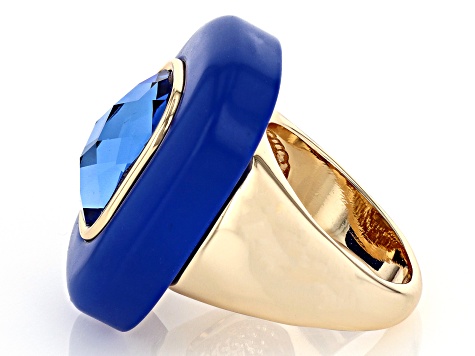 Blue Sapphire Color Glass & Enamel Brass Ring - OPC1464