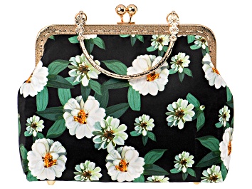 Picture of Gold Tone White Floral Printed Fabric Clutch