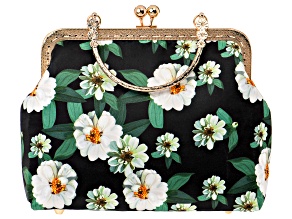 Gold Tone White Floral Printed Fabric Clutch