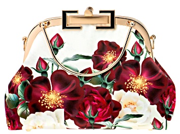 Picture of Gold Tone Red Floral Fabric Printed Cream Clutch