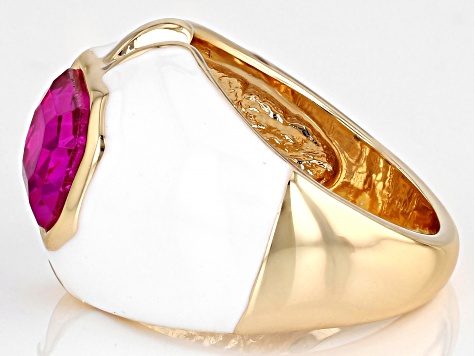 Fuchsia Glass & White Enamel Gold Tone Ring