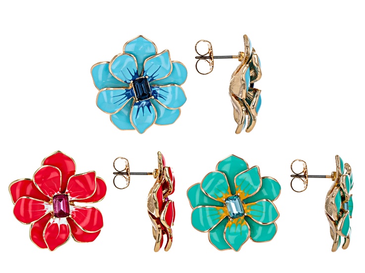 Multi-Color Crystal & Enamel Gold Tone Set of 3 Flower Stud Earrings