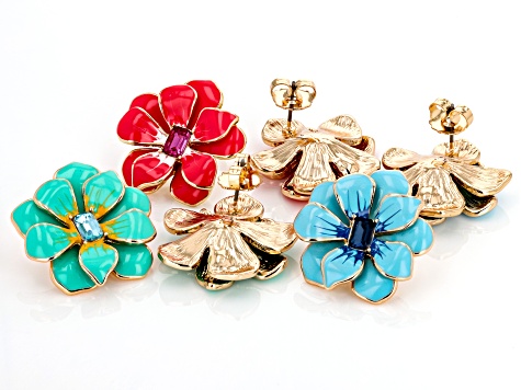 Multi-Color Crystal & Enamel Gold Tone Set of 3 Flower Stud Earrings