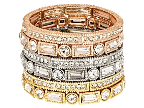 White Crystal Tri-Tone Stretch Bracelet Set Of 6