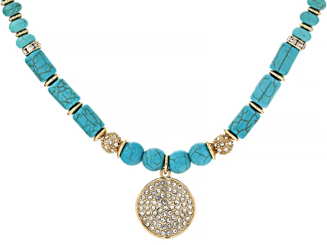 Turquoise Simulant and Crystal Gold Tone Necklace