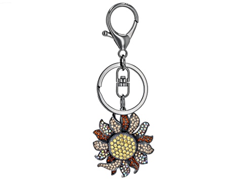 White Crystal & Hematine Tone Sunflower Key Chain