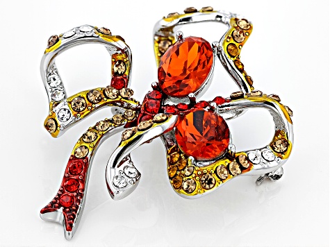 Multi-Color Crystal Silver Tone Bow Brooch