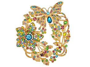 Multi-Color Crystal Butterfly & Floral Gold Tone Brooch