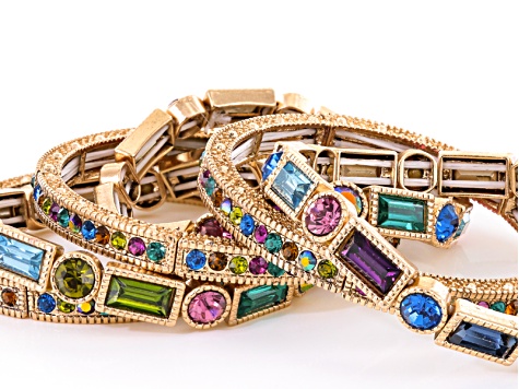 Multicolor Crystal Gold Tone Stretch Bracelet Set Of 6