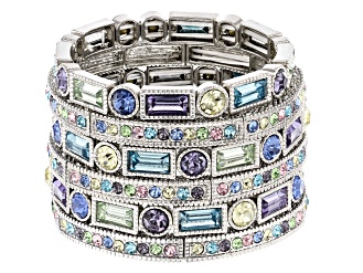 Multicolor Crystal Silver Tone Stretch Bracelet Set Of 6