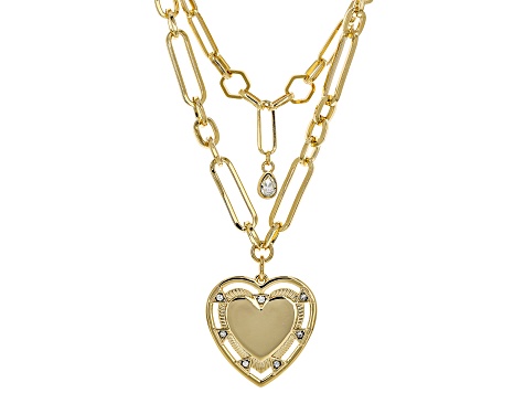 White Crystal Gold Tone Two Row Heart Necklace