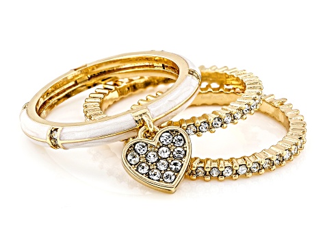 Crystal and White Enamel Heart Gold Tone Set of 3 Charm Ring