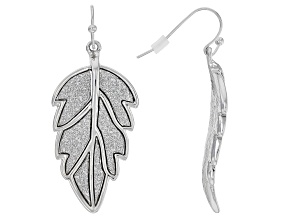 White Shimmer Glitter Silver Tone Leaf Dangle Earrings