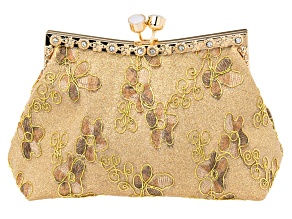 Glass Crystal Gold Tone Floral Embroidered Clutch
