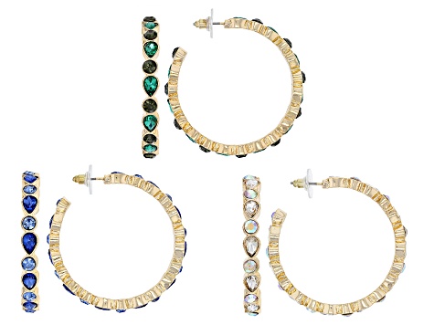 White, Green, & Blue Crystal Gold Tone Set of Three Hoop Earrings