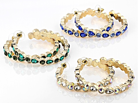 White, Green, & Blue Crystal Gold Tone Set of Three Hoop Earrings