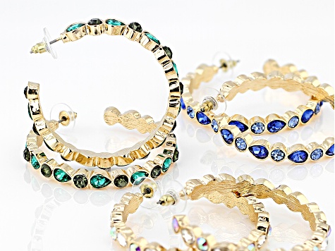 White, Green, & Blue Crystal Gold Tone Set of Three Hoop Earrings